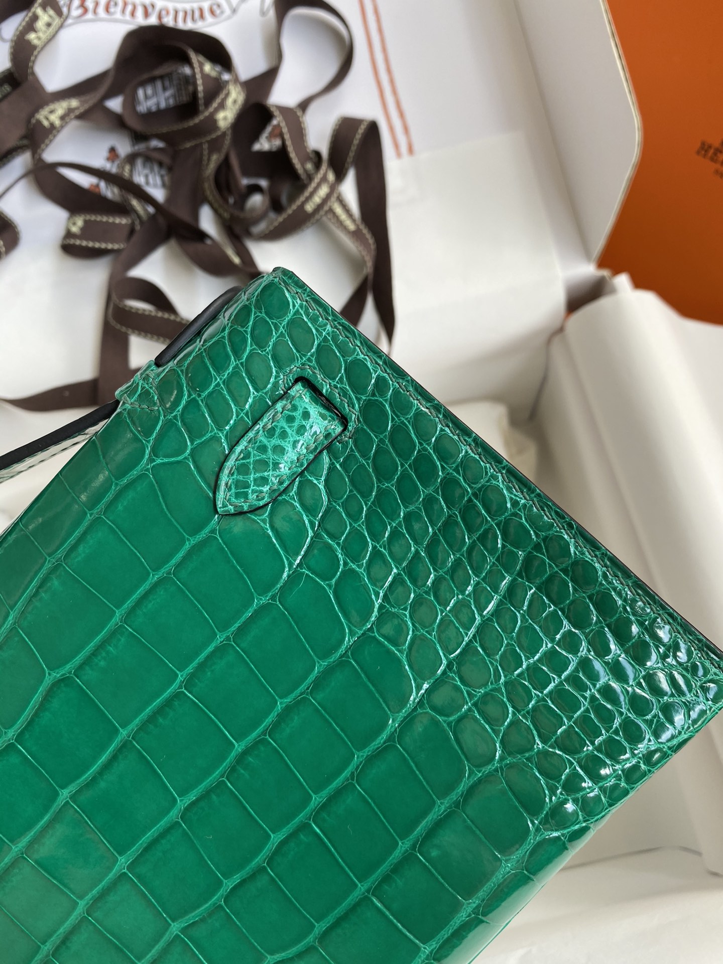 Hermes Mini Kelly Pochette 22cm Bag In Vert Emeraude Shiny Alligator Leather